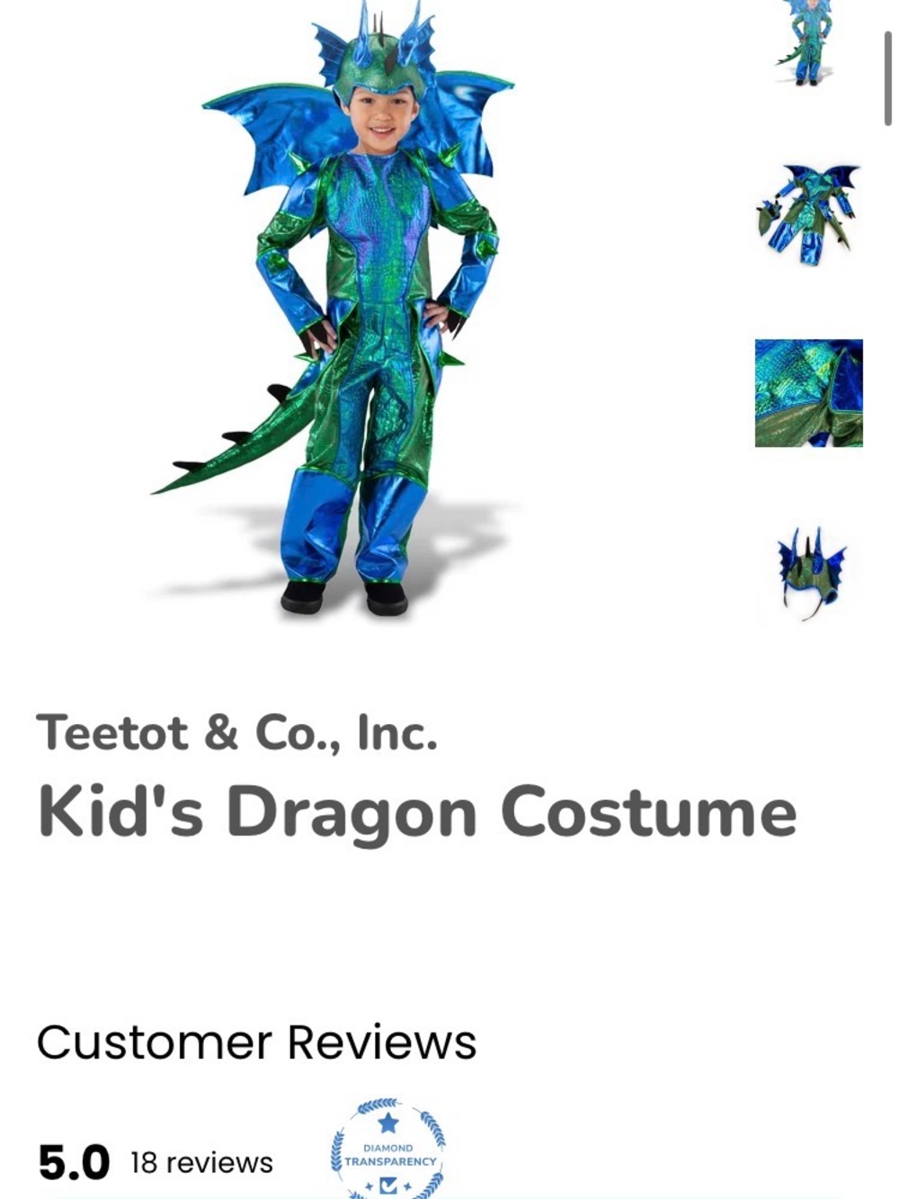 Kids Shimmering Green & Blue Dragon Costume - Sparkle Dragon Outfit - Picture 3 of 5